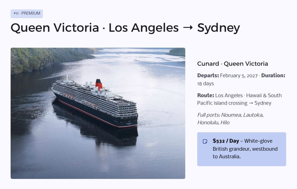 Slide showing Queen Victoria Los Angeles to Sydney with ship image and pricing panel