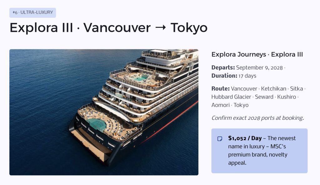Slide showing Explora III Vancouver to Tokyo with aerial ship image and price box