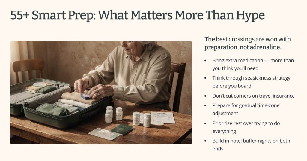 Older traveler organizing cruise essentials and medications for a transatlantic cruise