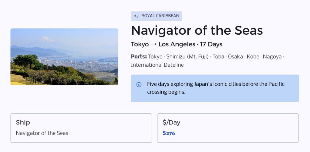 Slide showing Navigator of the Seas Tokyo to Los Angeles with ship deck image and pricing details