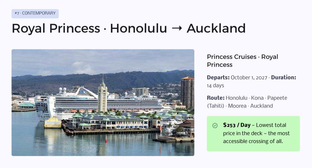 Slide showing Royal Princess Honolulu to Auckland with harbor image and fare details