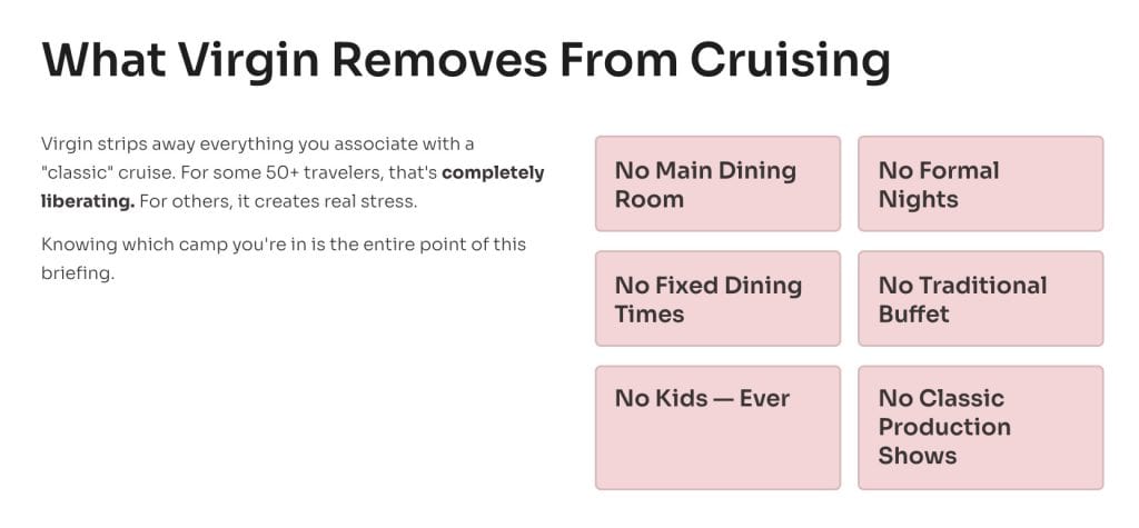 Slide titled What Virgin Removes From Cruising with boxes listing no main dining room, no formal nights, no fixed dining times, no traditional shows, and no kids
