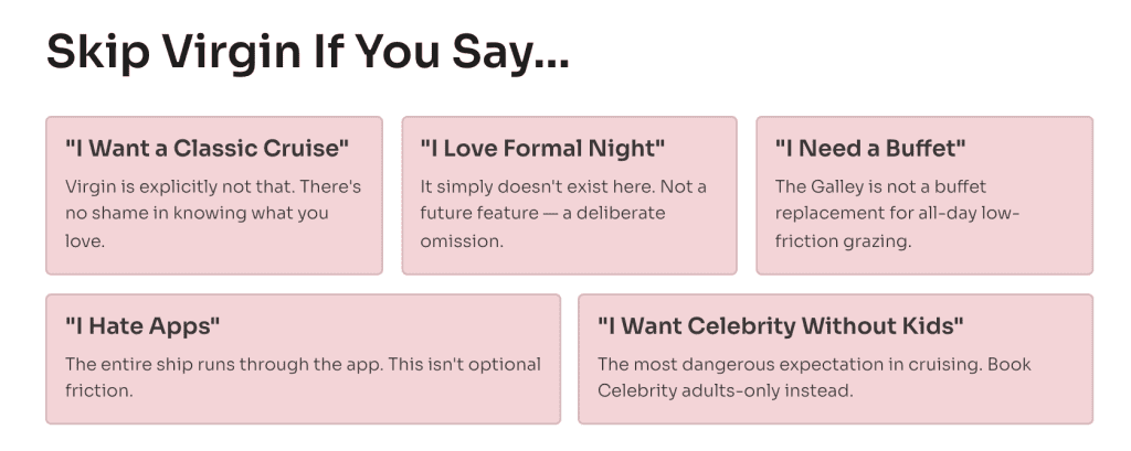 Slide titled Skip Virgin If You Say with boxes about wanting a classic cruise, loving formal night, needing a buffet, hating apps, and wanting Celebrity without kids