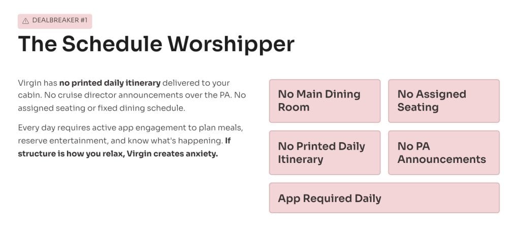 Slide titled The Schedule Worshipper with boxes noting no main dining room, no assigned seating, no printed daily itinerary, no announcements, and app required daily