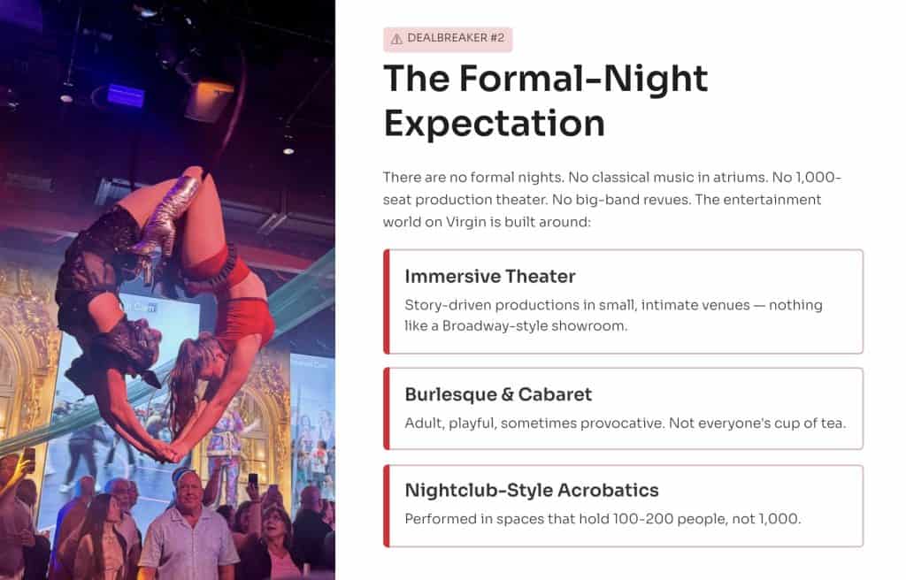Slide titled The Formal-Night Expectation with image of aerial performer and boxes for immersive theater, burlesque and cabaret, and nightclub-style acrobatics