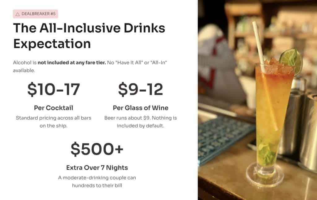 Slide titled The All-Inclusive Drinks Expectation with cocktail and price ranges for cocktails, wine, and bar tab bonus