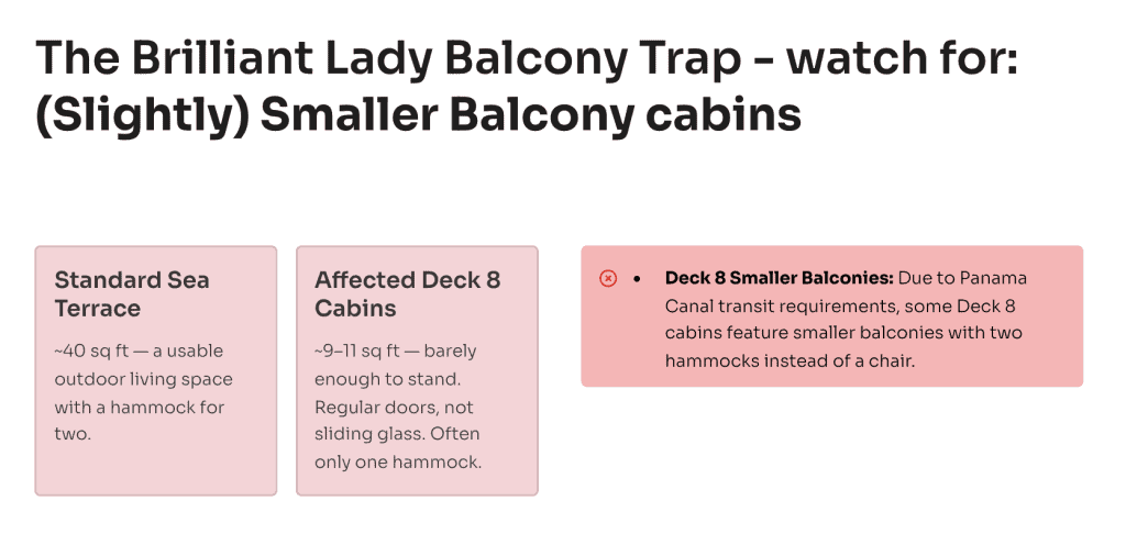 Slide titled The Brilliant Lady Balcony Trap watch for slightly smaller balcony cabins with notes about standard sea terrace and affected deck 8 cabins