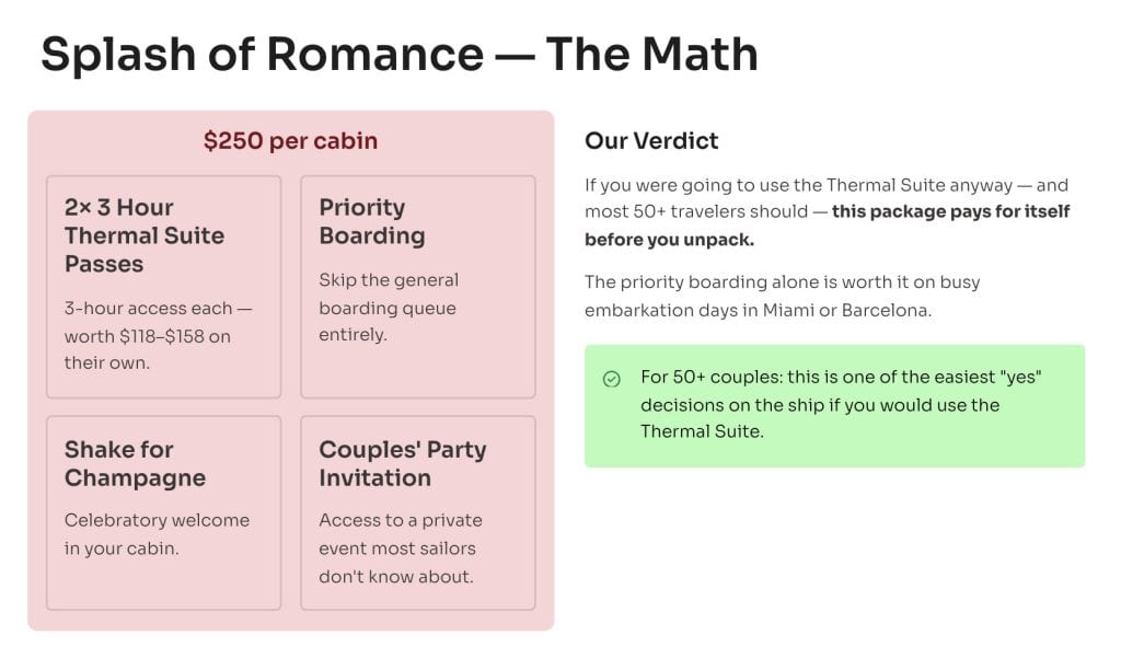 Slide titled Splash of Romance The Math with package inclusions and verdict