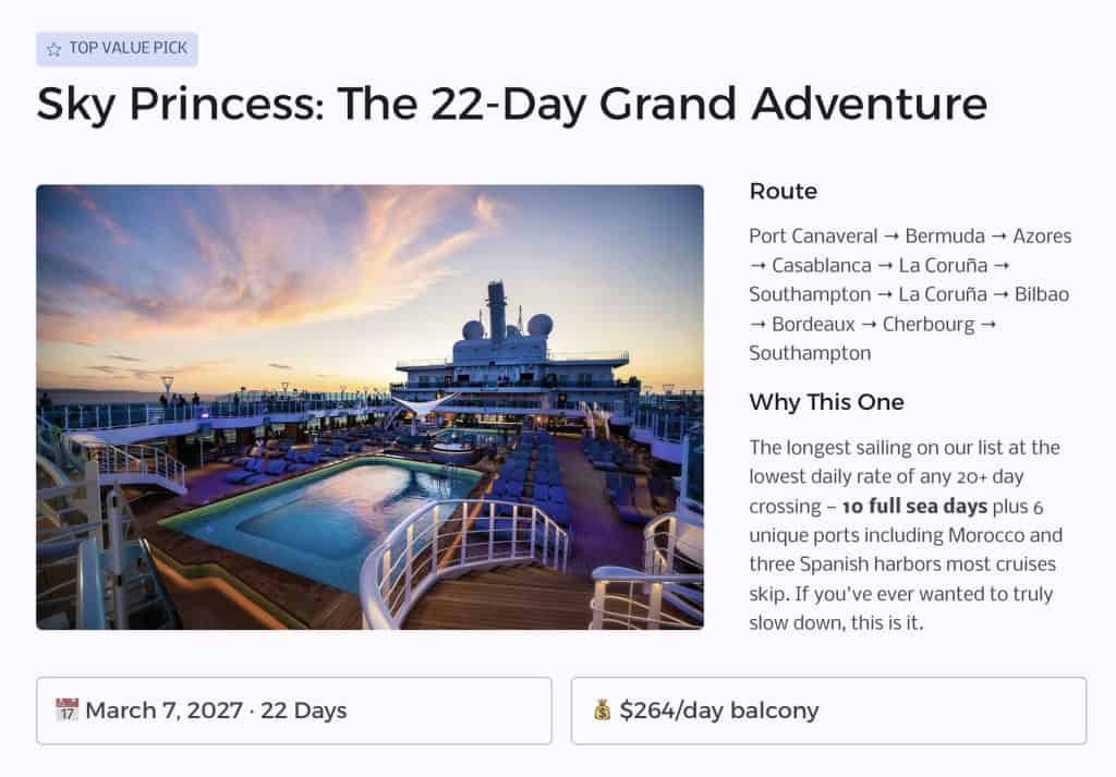 Sky Princess 22-day grand adventure transatlantic itinerary with route details and $264/day balcony pricing