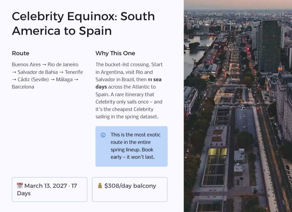 Screenshot slide for Celebrity Equinox South America to Spain cruise deal showing route, duration, and balcony price per day
