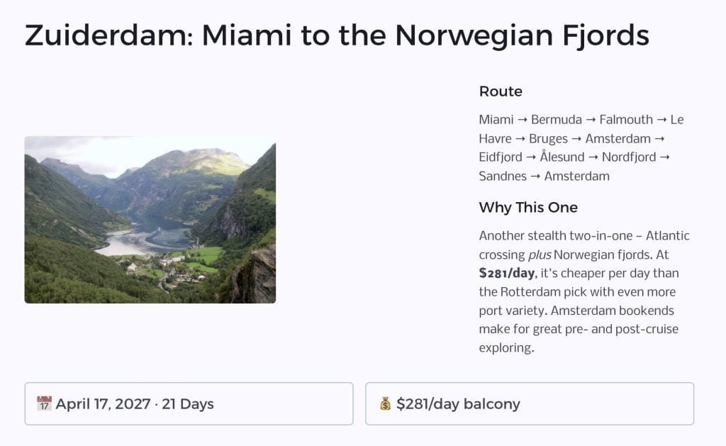 Zuiderdam Miami to Norwegian fjords cruise route and pricing slide showing $281/day balcony