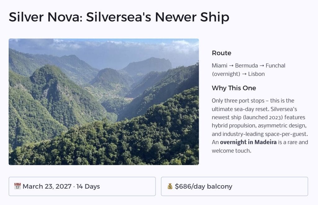 Silversea Silver Nova cruise itinerary Miami to Lisbon with Bermuda and Madeira overnight balcony price