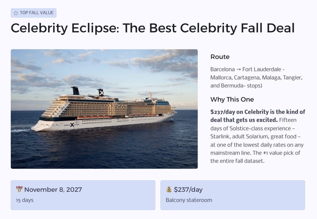 Celebrity Eclipse fall transatlantic cruise deal with route and pricing at $237 per day