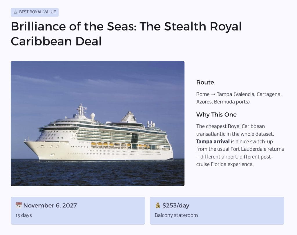 Royal Caribbean Brilliance of the Seas deal card for Rome to Tampa via Valencia, Cartagena, Azores and Bermuda at $253 per day