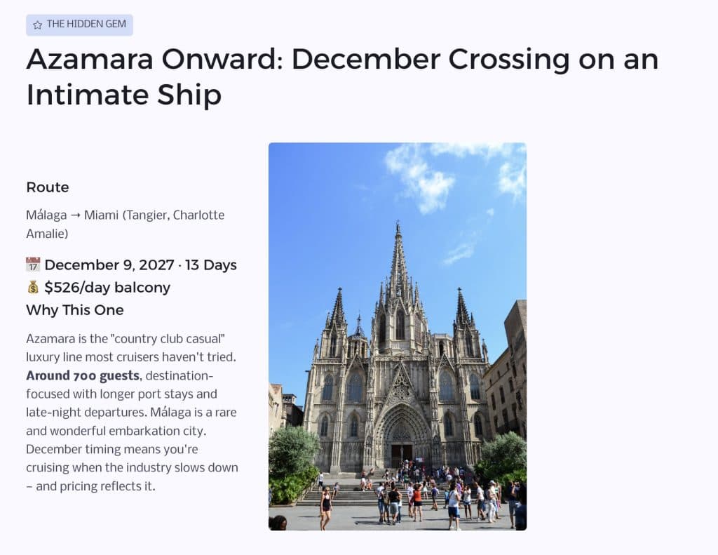 Azamara Onward December crossing overview slide showing route and $526 per day balcony pricing