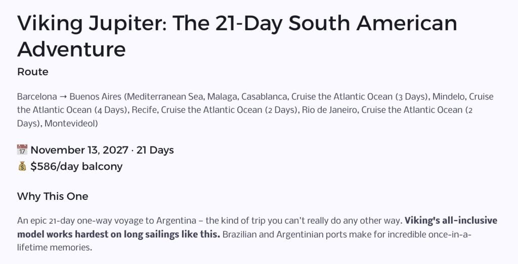 Viking Jupiter 21-day one-way voyage to Argentina Barcelona to Buenos Aires priced at $586/day balcony