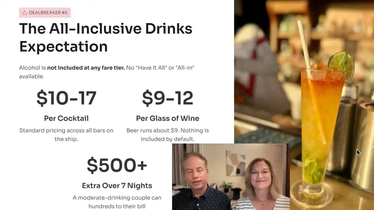 Slide titled The All-Inclusive Drinks Expectation with cocktail and price ranges for cocktails, wine, and bar tab bonus