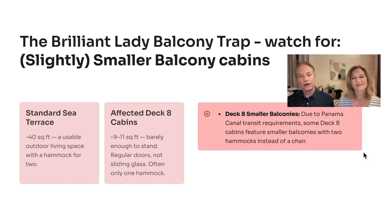 Slide titled The Brilliant Lady Balcony Trap watch for slightly smaller balcony cabins with notes about standard sea terrace and affected deck 8 cabins