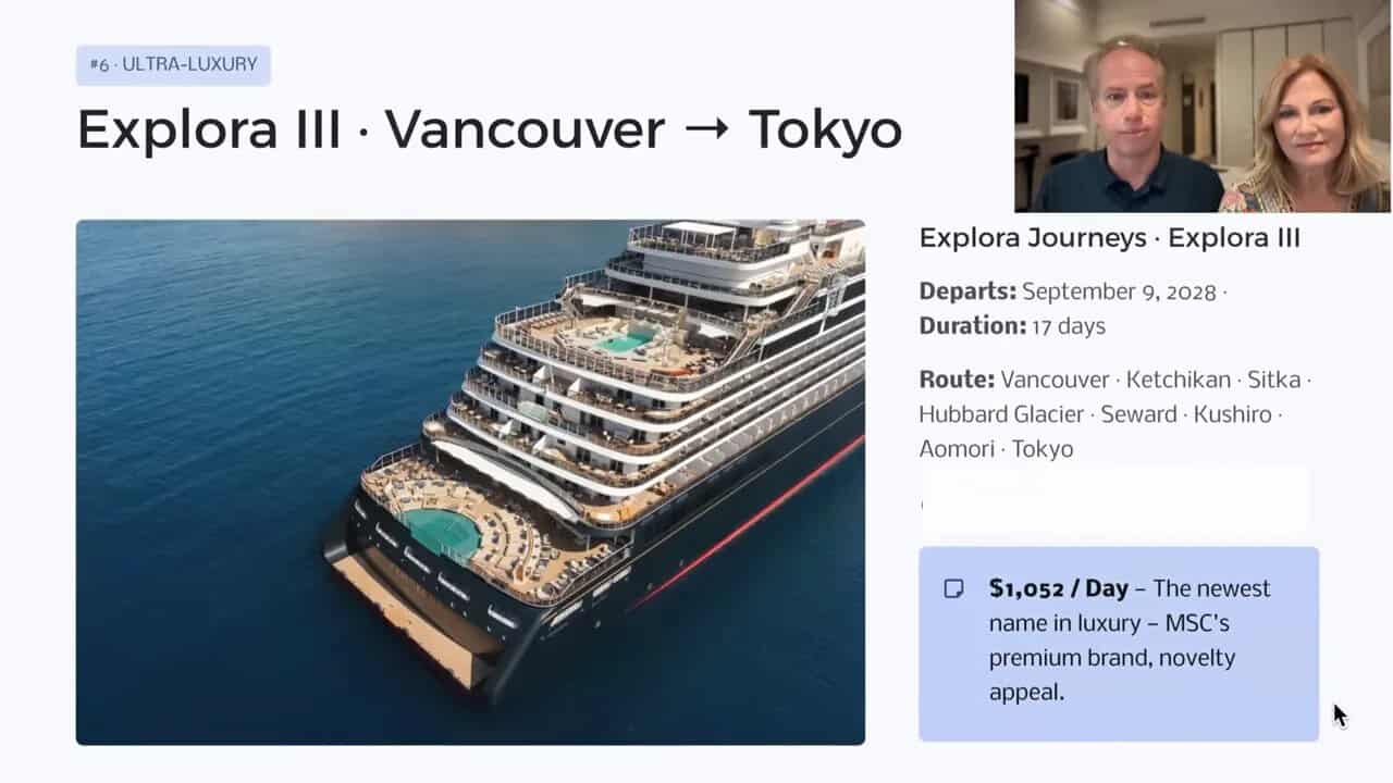 Slide showing Explora III Vancouver to Tokyo with aerial ship image and price box