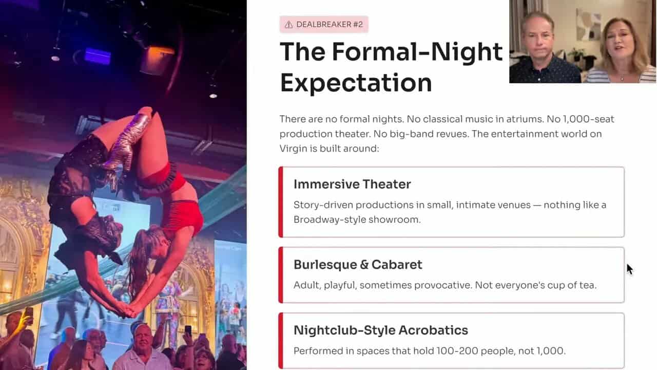 Slide titled The Formal-Night Expectation with image of aerial performer and boxes for immersive theater, burlesque and cabaret, and nightclub-style acrobatics