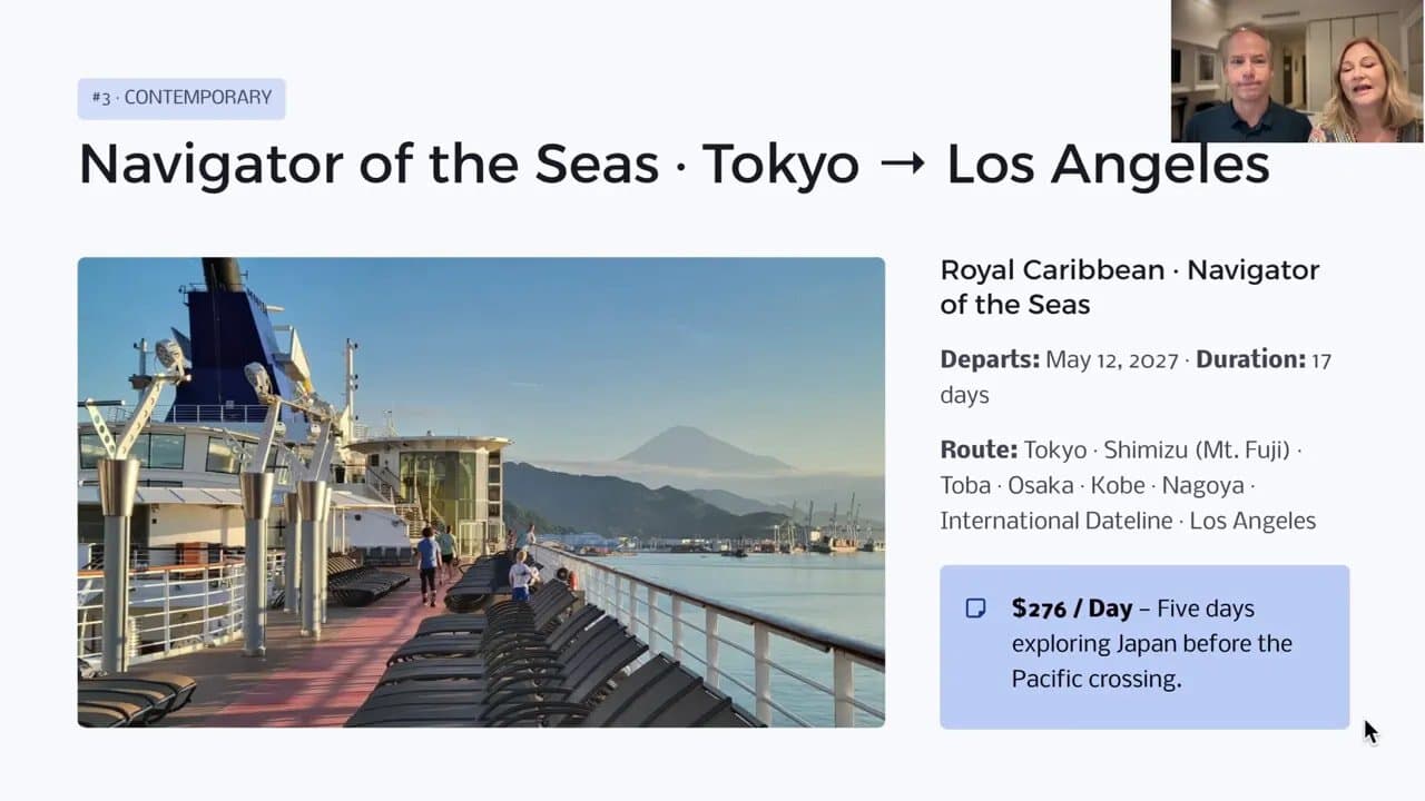 Slide showing Navigator of the Seas Tokyo to Los Angeles with ship deck image and pricing details