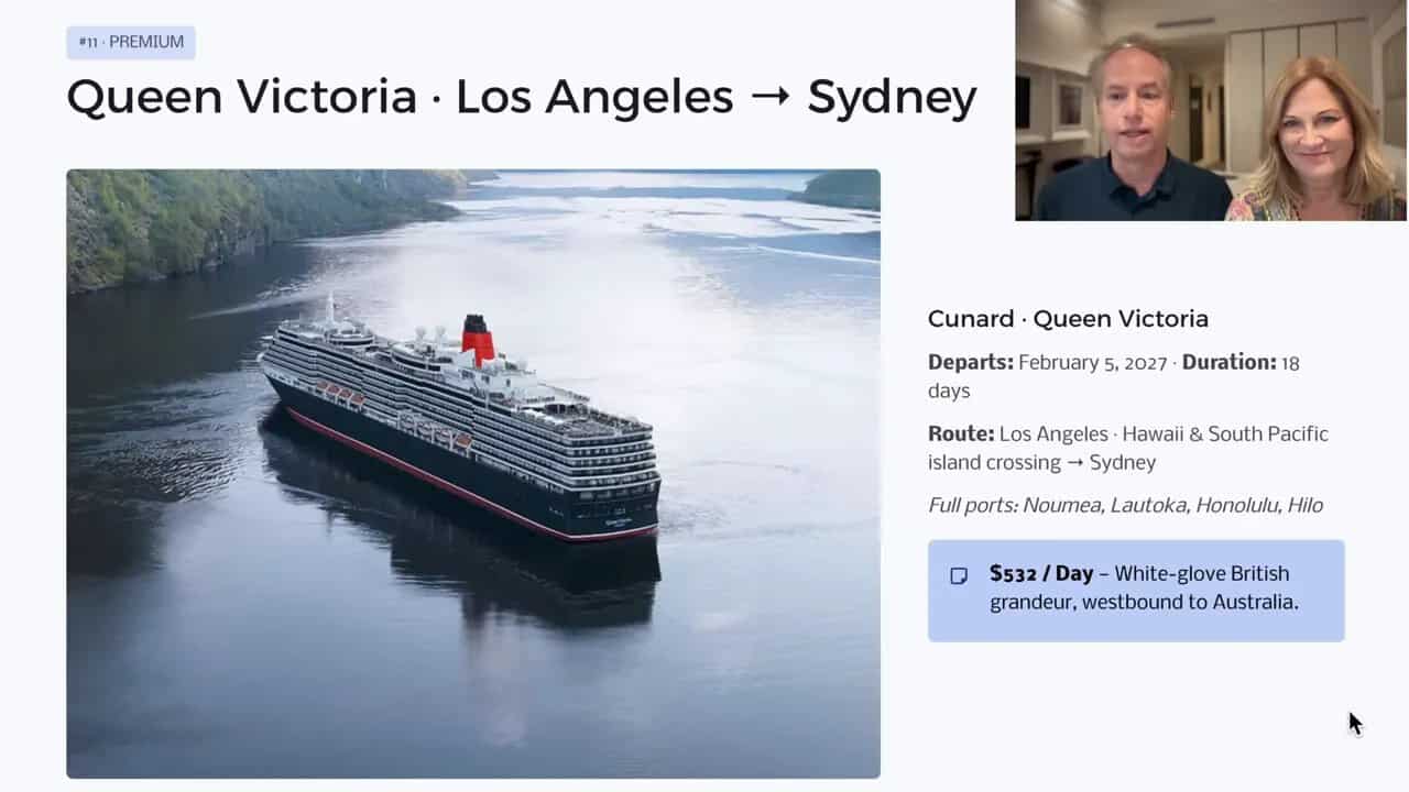 Slide showing Queen Victoria Los Angeles to Sydney with ship image and pricing panel