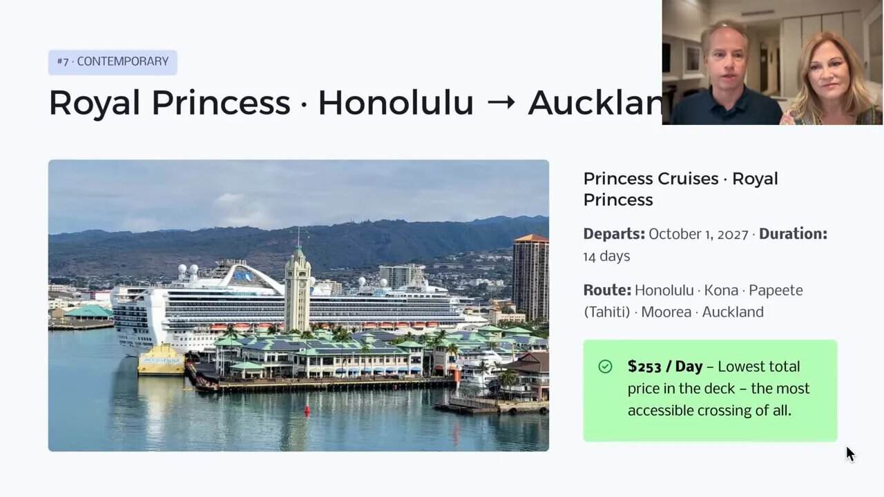 Slide showing Royal Princess Honolulu to Auckland with harbor image and fare details