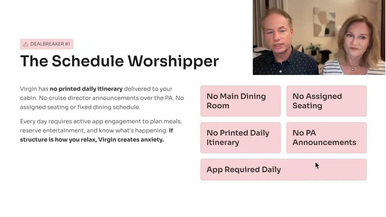 Slide titled The Schedule Worshipper with boxes noting no main dining room, no assigned seating, no printed daily itinerary, no announcements, and app required daily