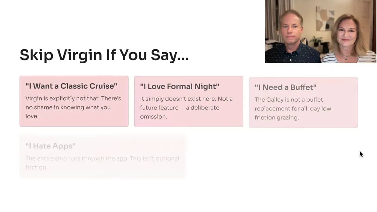 Slide titled Skip Virgin If You Say with boxes about wanting a classic cruise, loving formal night, needing a buffet, hating apps, and wanting Celebrity without kids