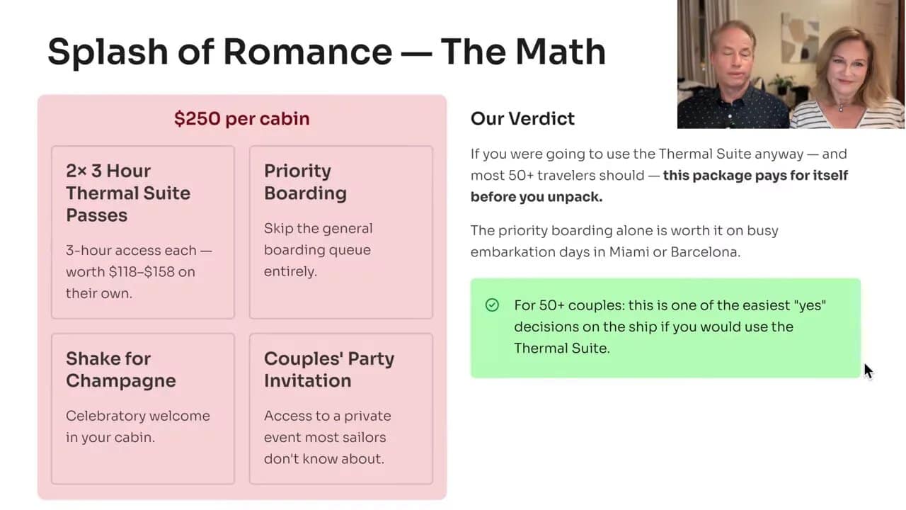 Slide titled Splash of Romance The Math with package inclusions and verdict