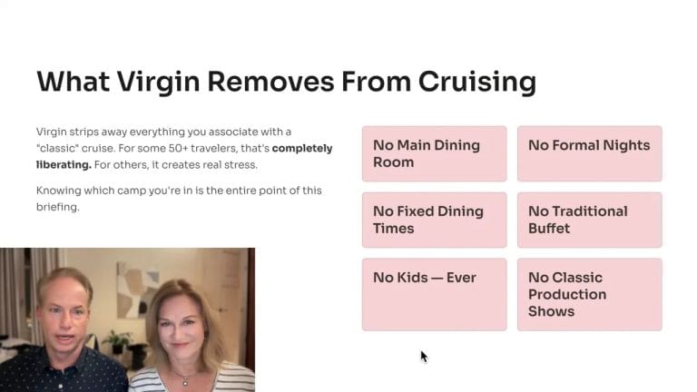 Slide titled What Virgin Removes From Cruising with boxes listing no main dining room, no formal nights, no fixed dining times, no traditional shows, and no kids