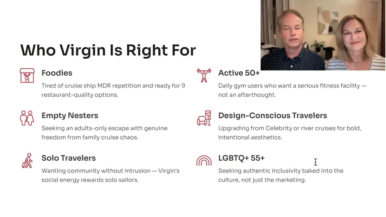 Slide titled Who Virgin Is Right For listing foodies, empty nesters, solo travelers, active 50 plus, design-conscious travelers, and LGBTQ plus friendly