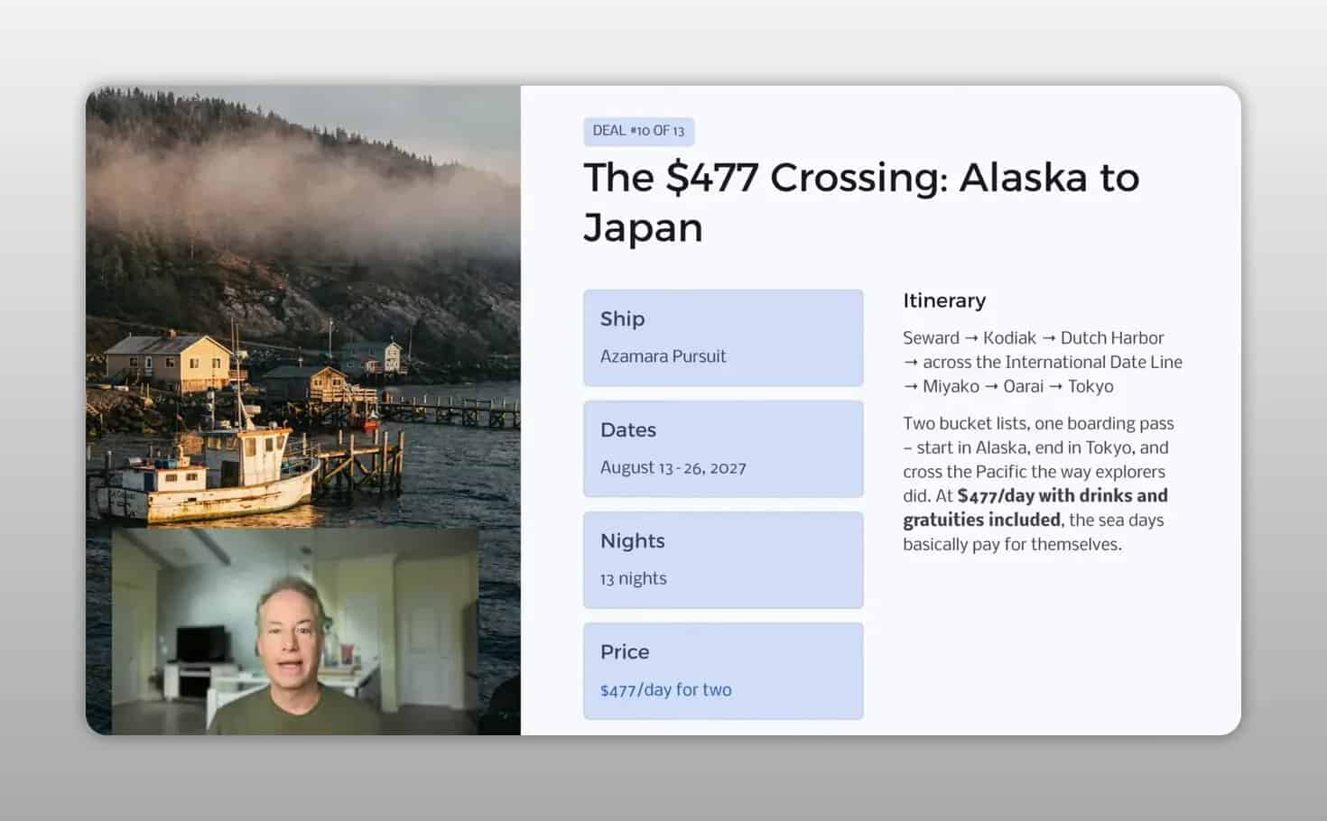 Slide titled The 477 dollar Crossing Alaska to Japan beside a misty Alaska harbor