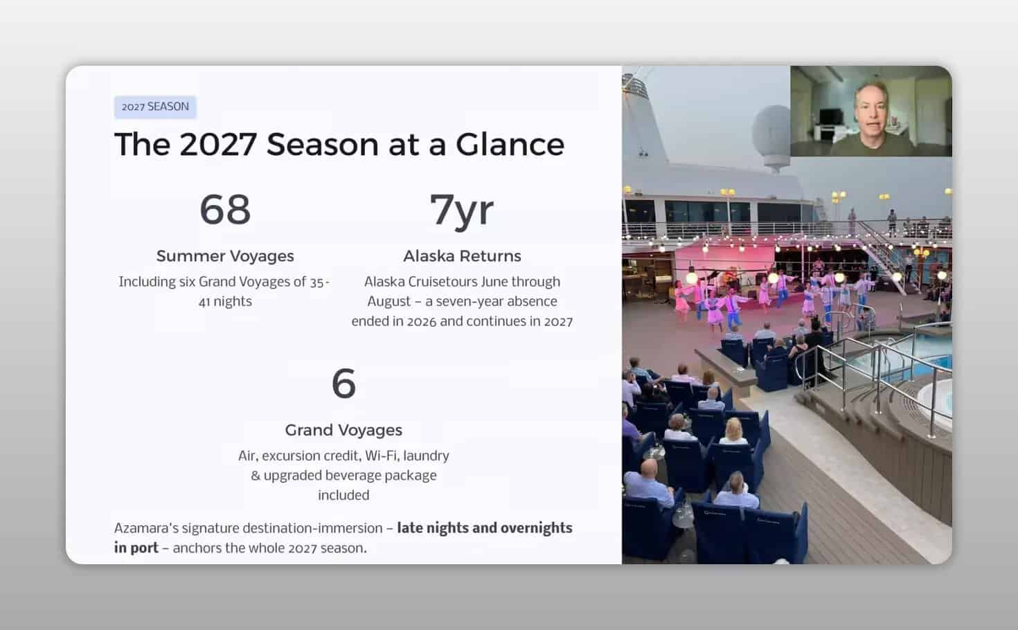 Slide titled The 2027 Season at a Glance with summer voyages Alaska return and grand voyages