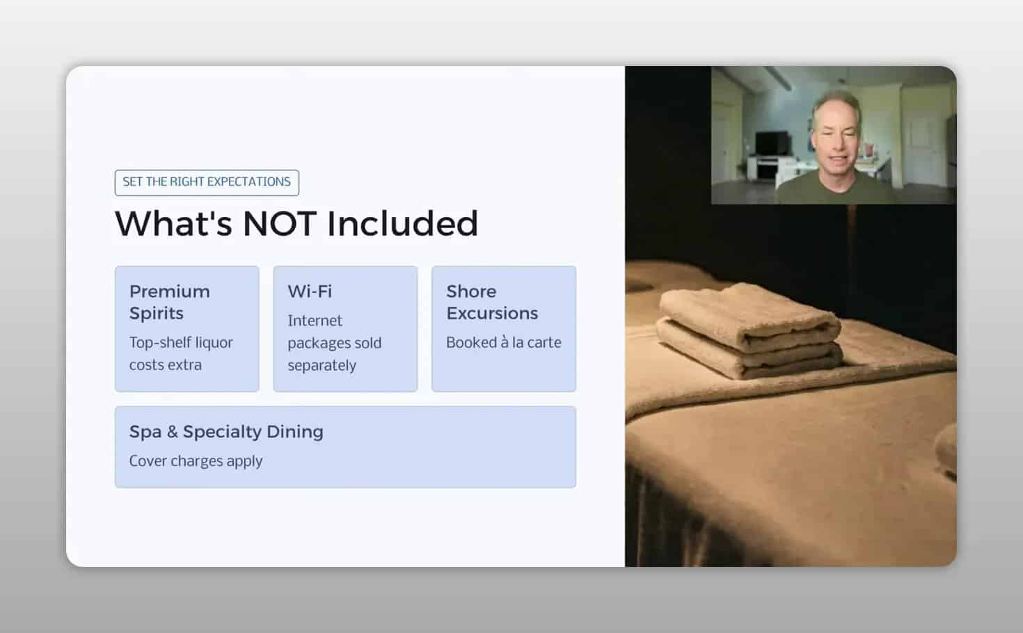 Slide titled What is NOT Included with boxes for premium spirits Wi-Fi shore excursions and spa dining