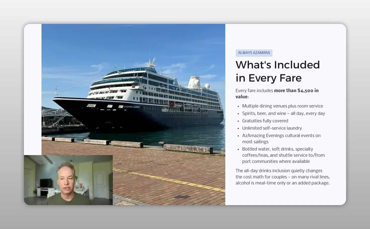 Azamara ship photo beside a slide titled What is Included in Every Fare