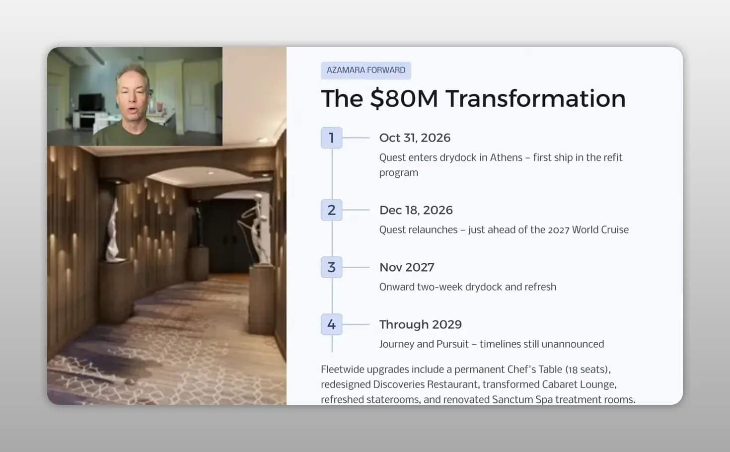 Slide titled The $80M Transformation showing the Azamara refresh timeline
