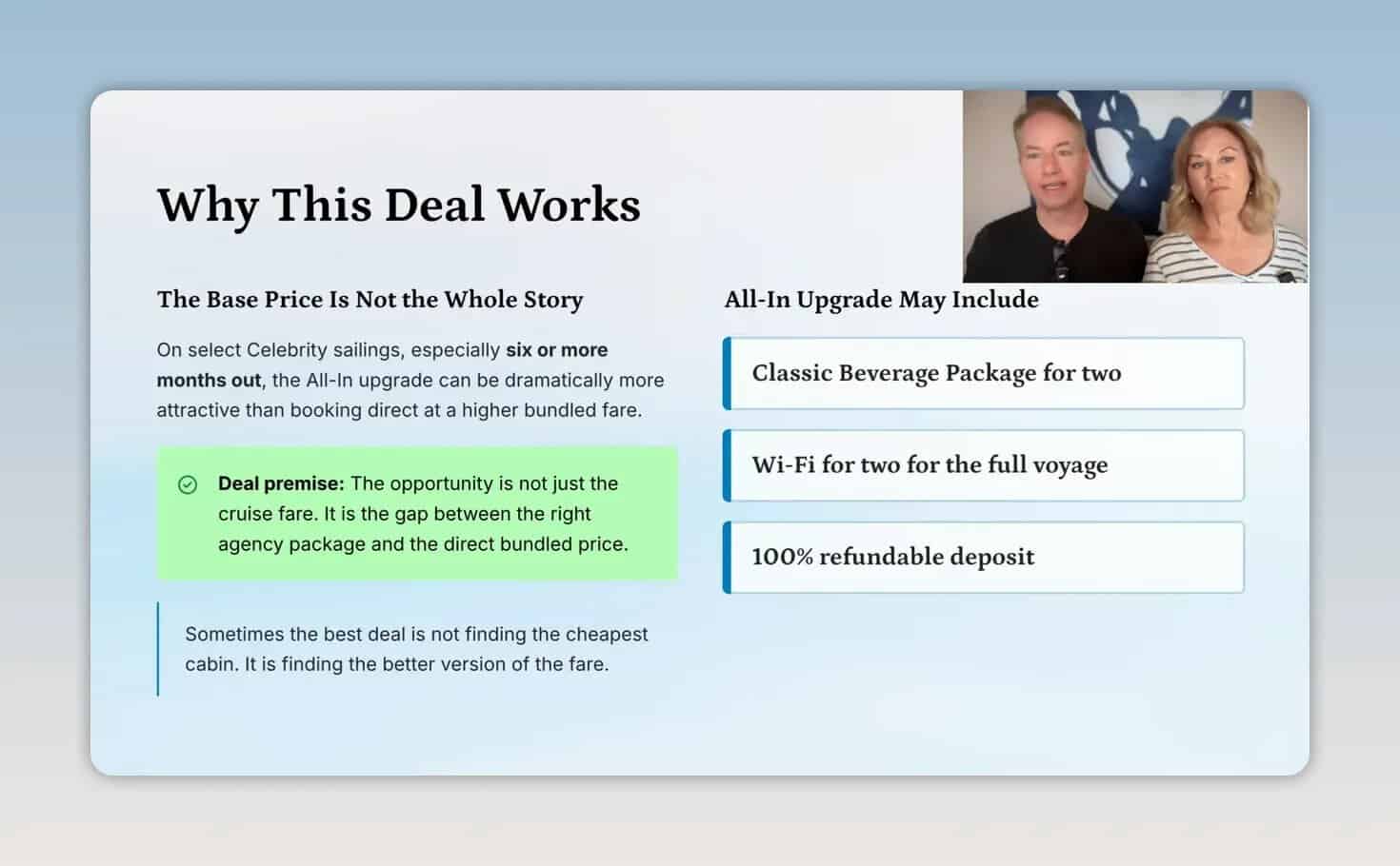 Slide explaining that base price is not the whole story with beverage package Wi-Fi and refundable deposit inclusions
