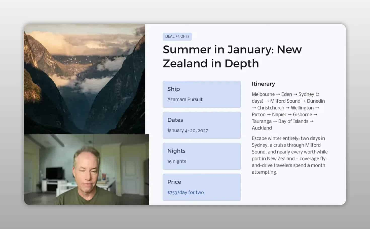 Summer in January New Zealand itinerary slide with Milford Sound scenery