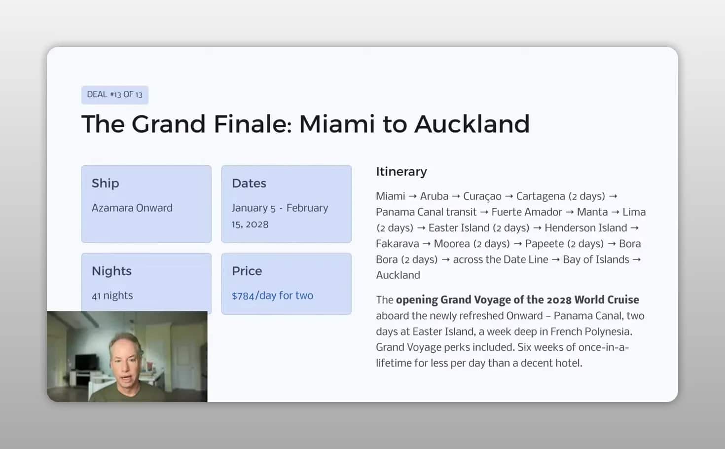Slide titled The Grand Finale Miami to Auckland with 41 nights and itinerary details