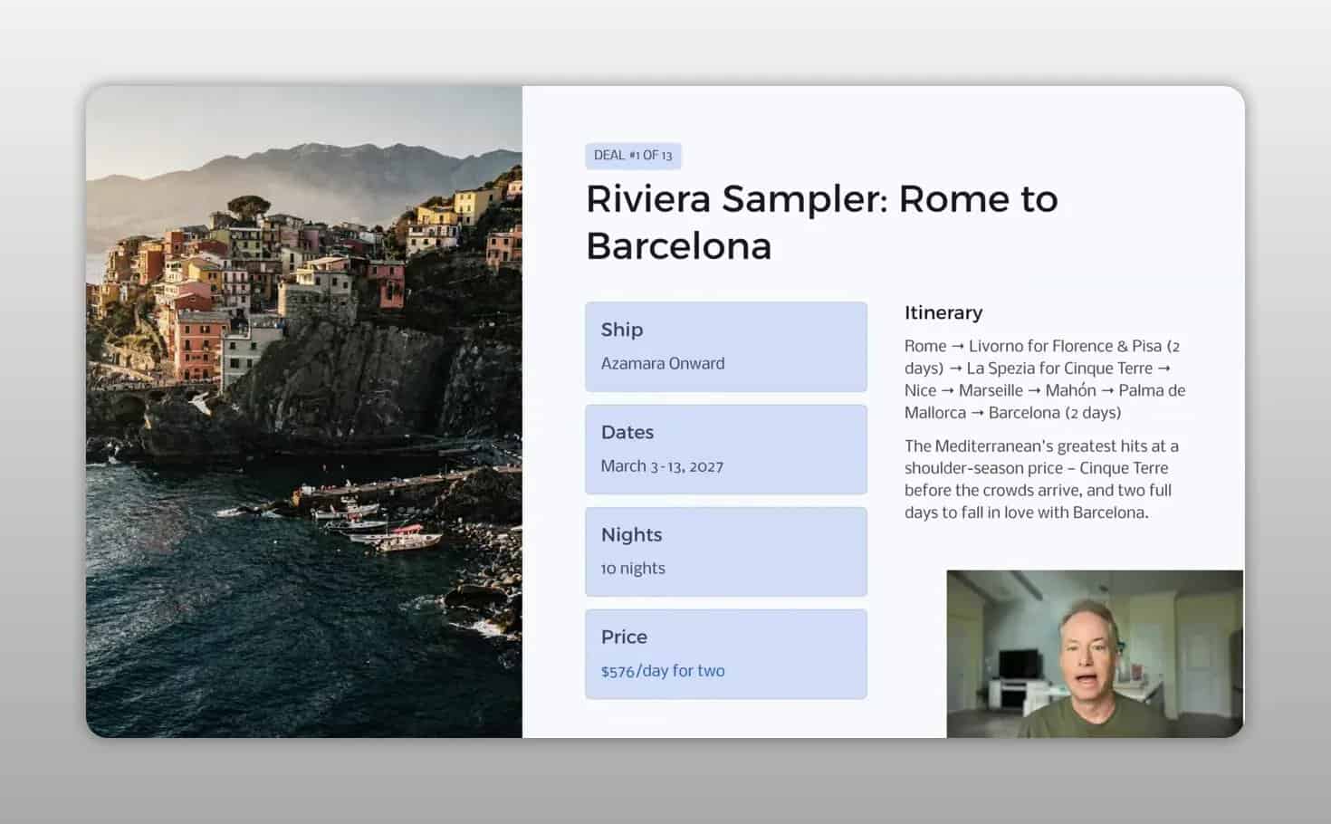 Riviera Sampler Rome to Barcelona itinerary slide beside a coastal Italian village