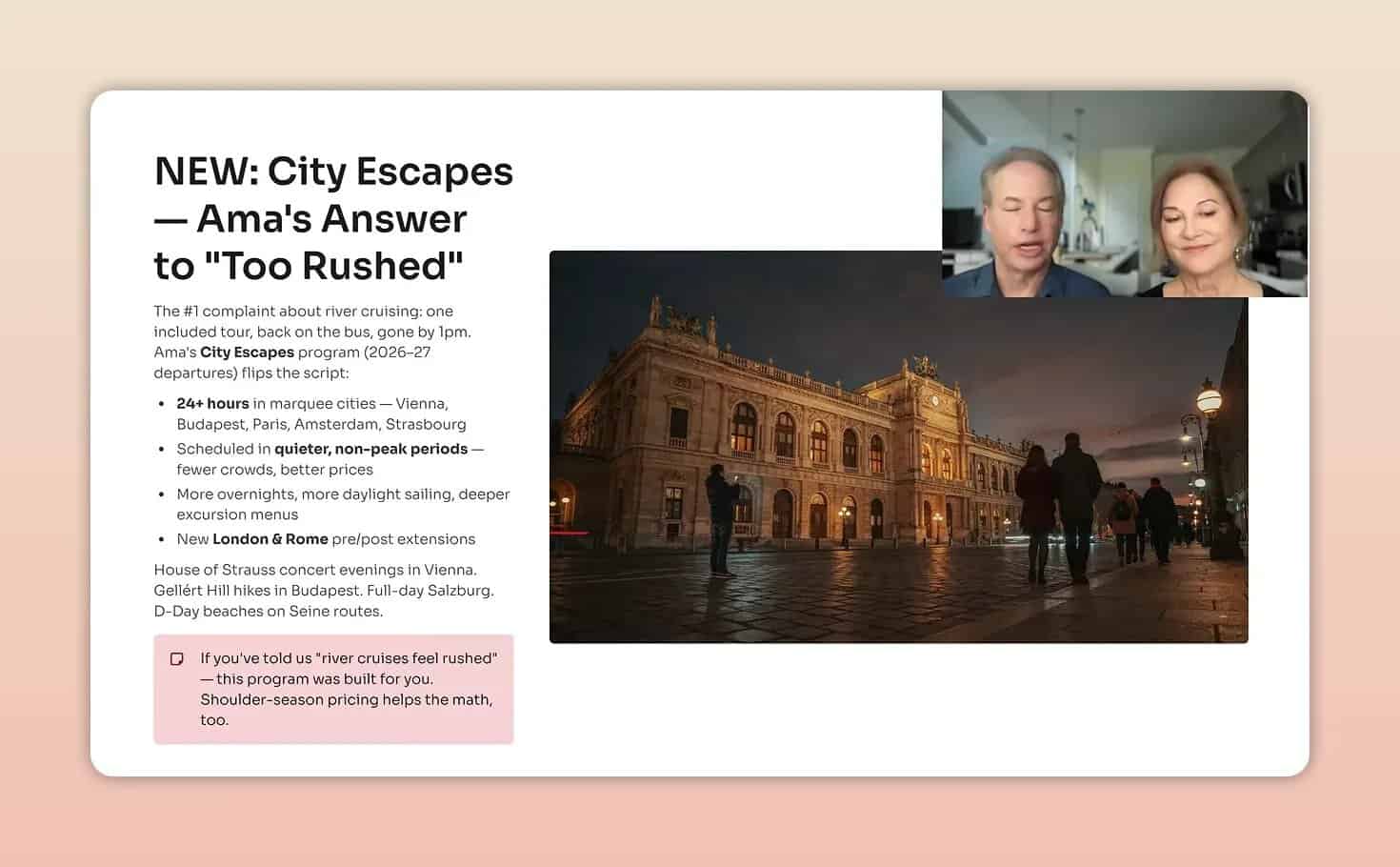Slide about AmaWaterways City Escapes with a photo of an illuminated city square at night