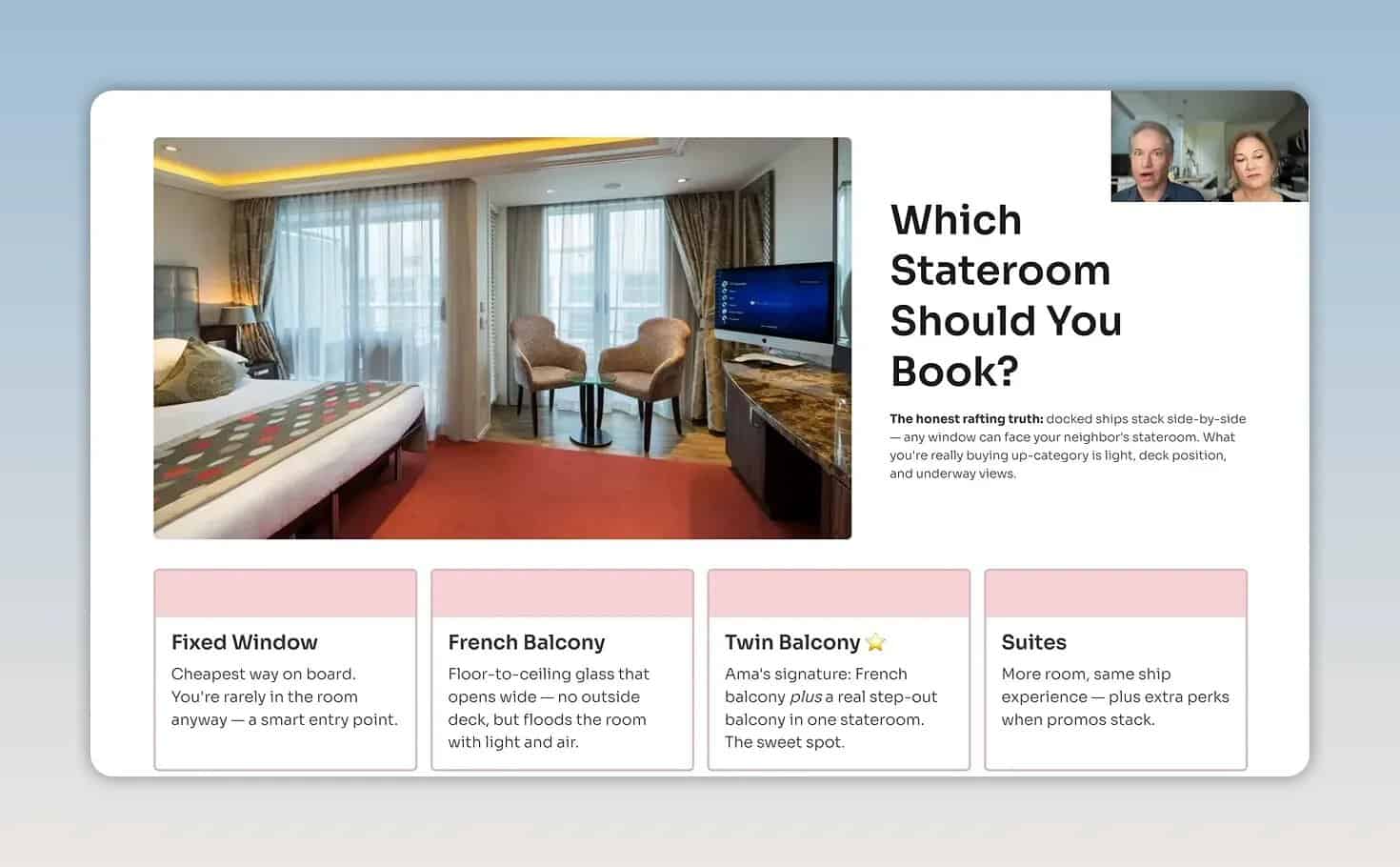 Slide showing a river cruise stateroom photo and four cabin categories: fixed window, French balcony, twin balcony, and suites