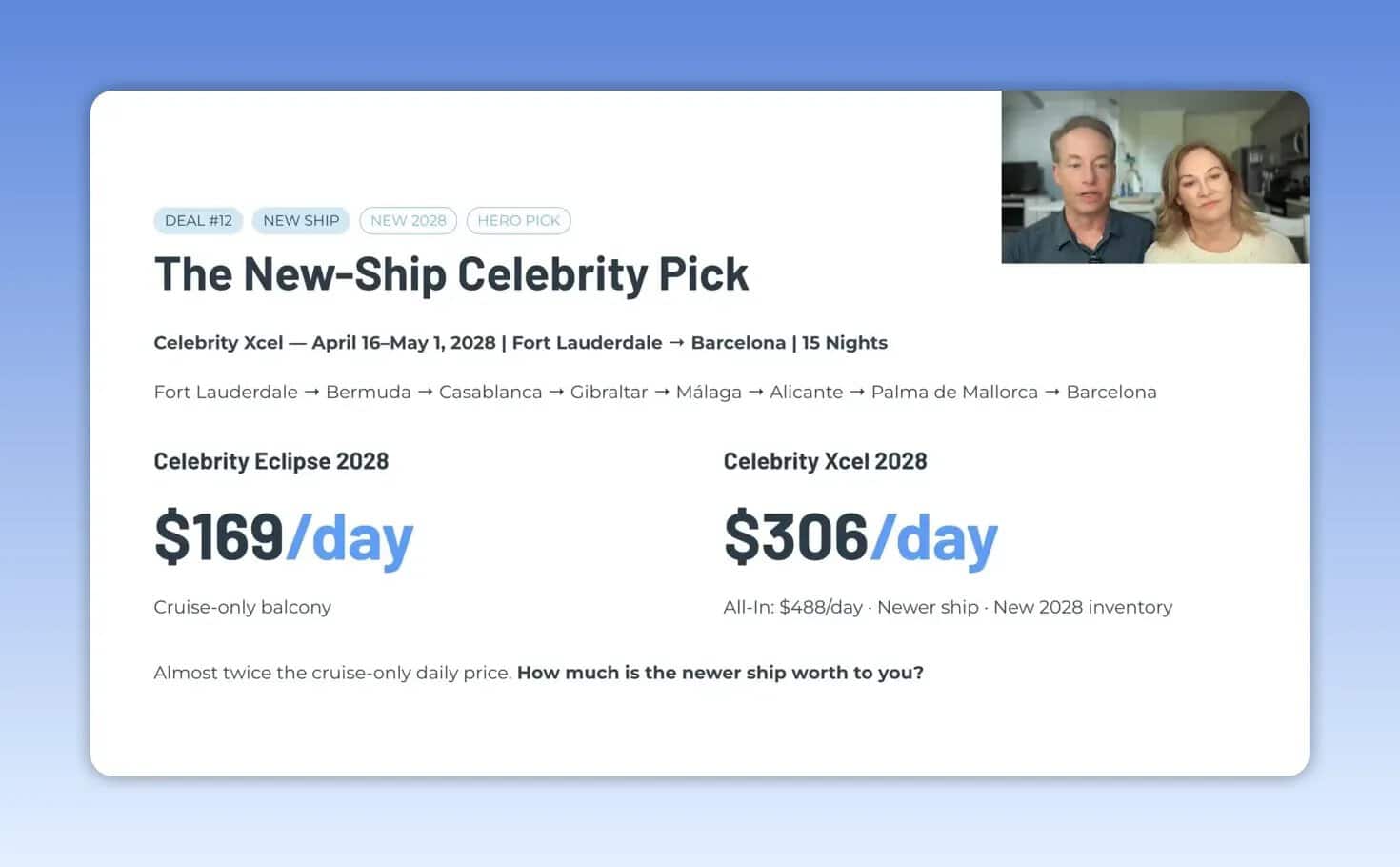 Slide comparing Celebrity Eclipse at $169 per day with Celebrity Xcel at $306 per day