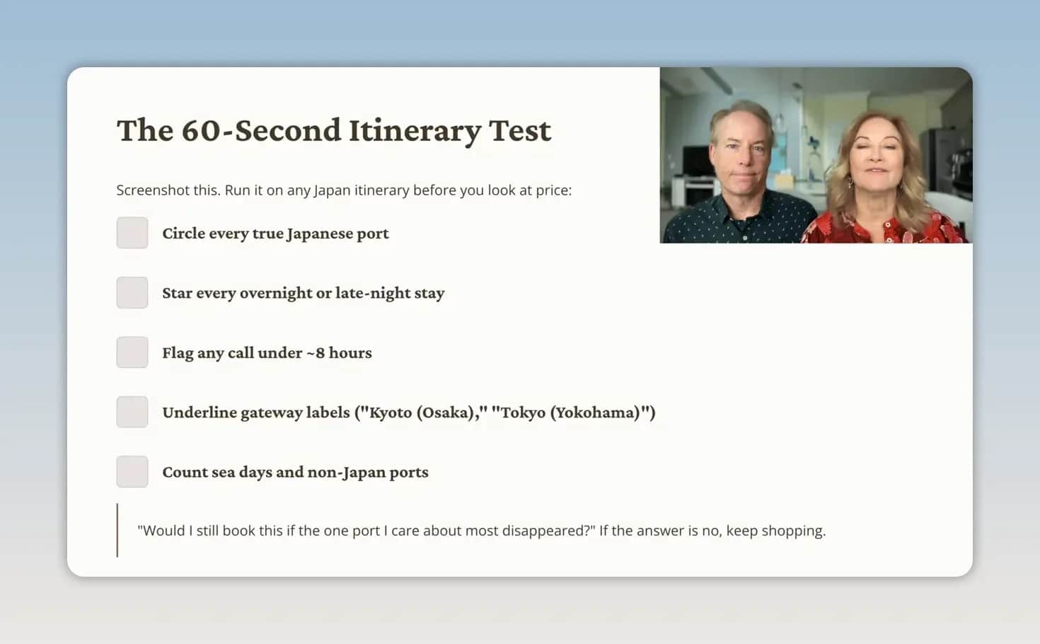 Slide titled The 60-Second Itinerary Test with a checklist of ports, overnights, hours, and sea days