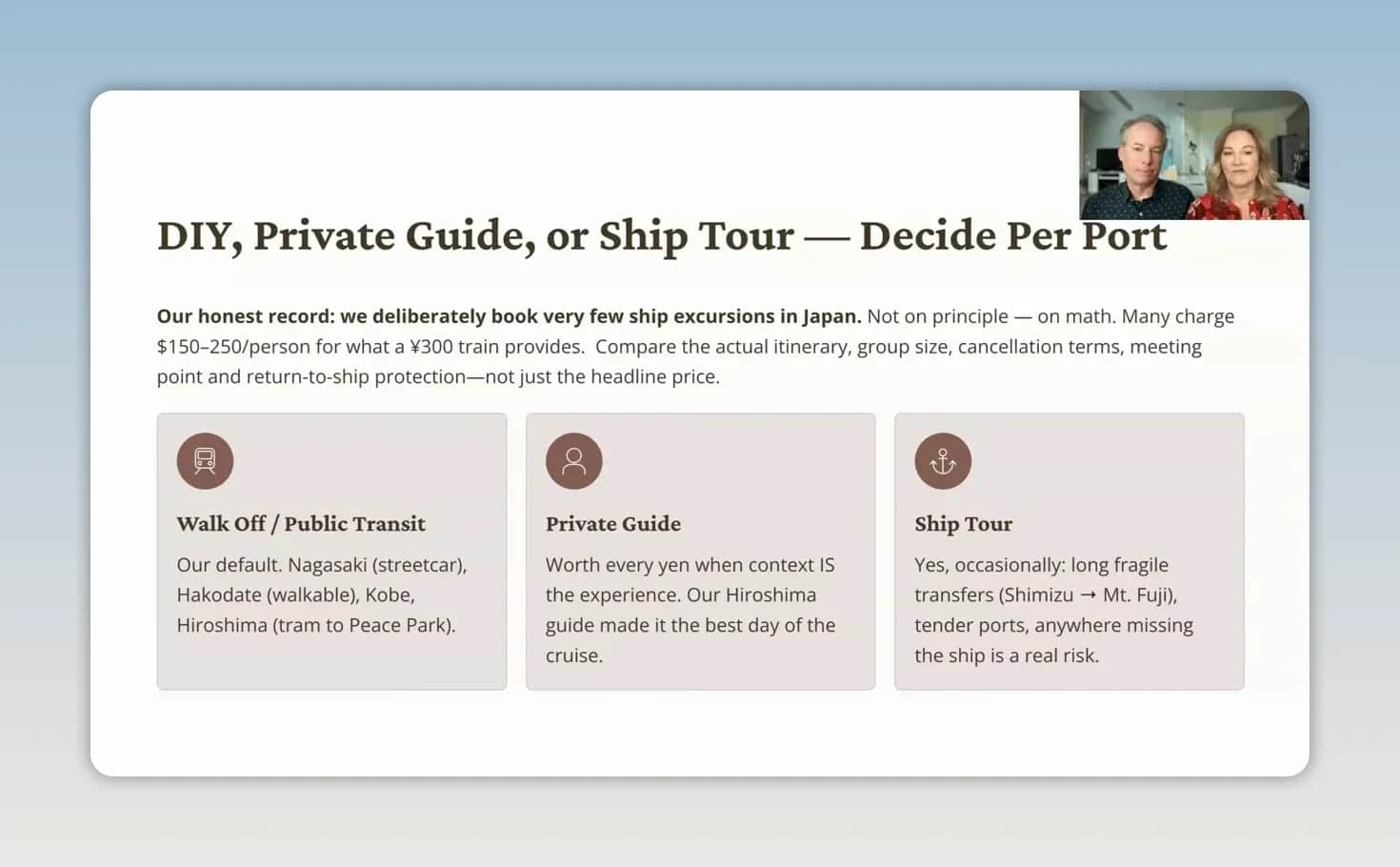 Slide comparing walking or public transit, a private guide, and a ship tour for port days