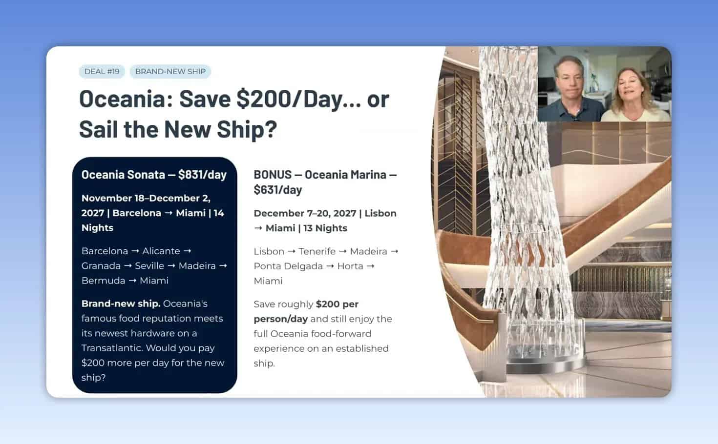 Slide comparing Oceania Sonata at $831 per day with Oceania Marina at $631 per day