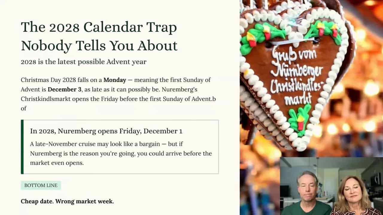 Slide explaining the 2028 Advent calendar beside a decorated gingerbread heart