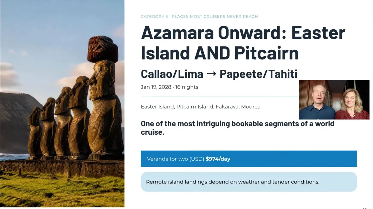 Slide showing Easter Island statues and an Azamara Onward route from Callao and Lima to Papeete