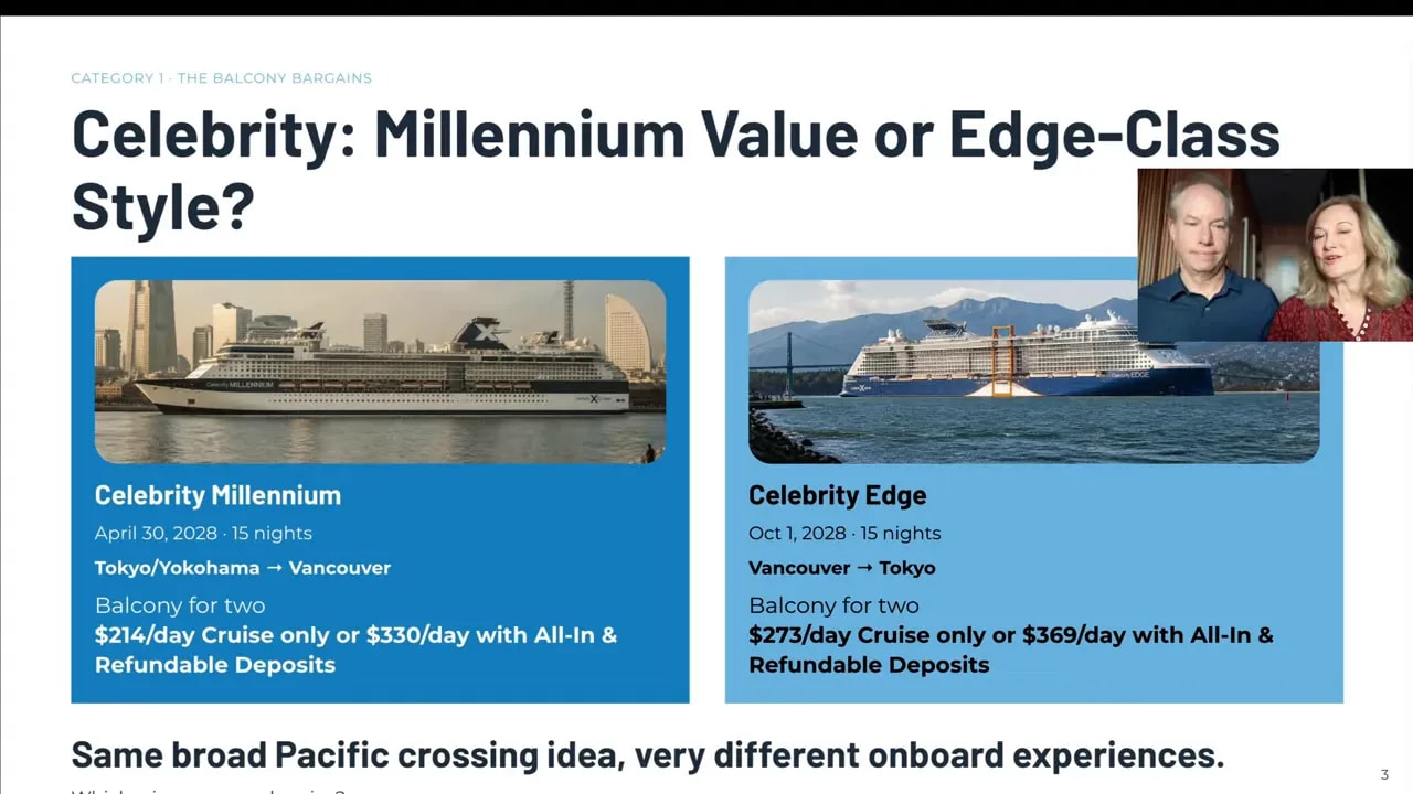 Slide comparing Celebrity Millennium and Celebrity Edge routes, ship photos, and balcony fares
